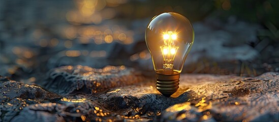 A single illuminated light bulb seated on a large, rugged rock in a natural outdoor setting - obrazy, fototapety, plakaty