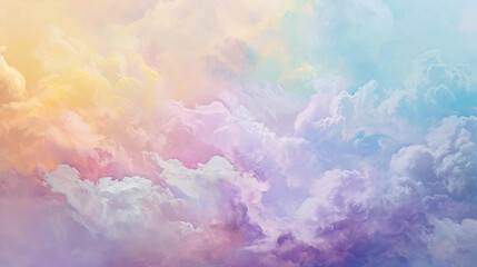Dreamlike vista of fluffy clouds colored in soft pastel pinks, purples, blues, suggesting serene and imaginative scene. For creative backgrounds, wellness and meditation resources