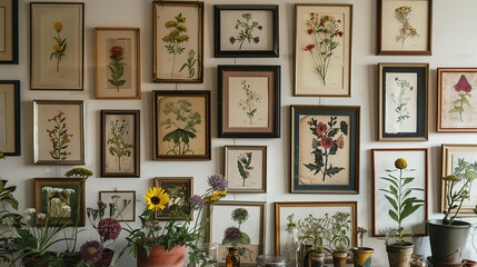 A botanical print gallery wall featuring botanical illustrations and pressed flowers in vintage frames.