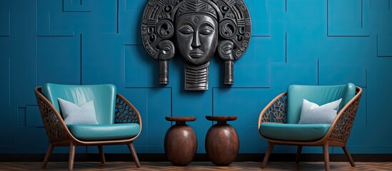 Aquathemed living room with electric blue chairs, a sculpture hanging on the wall, and a circular statue as the centerpiece of the room