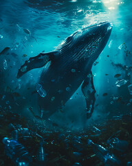 Majestic Whale, swimming through a sea of plastic waste, a powerful symbol of ocean pollution