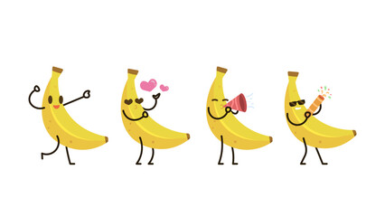 A collection of cute, adorable, and funny banana character illustrations. Dancing bananas, blowing trumpets, using party poppers or confetti. Celebrating National Banana Day. cartoon style