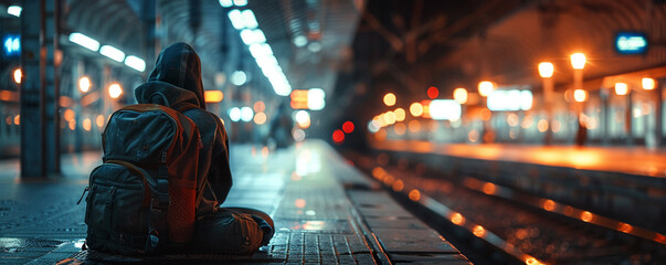Migrant, worn backpack, seeking hope, sitting stranded at a train station, under a flickering light, realistic, spotlight, depth of field bokeh effect