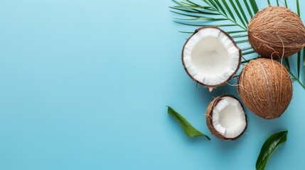 Fototapeta na wymiar coconuts on a blue background with copyspace