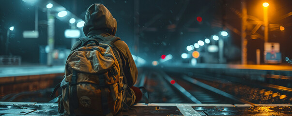 Migrant, worn backpack, seeking hope, sitting stranded at a train station, under a flickering light, realistic, spotlight, depth of field bokeh effect - obrazy, fototapety, plakaty