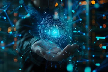 Business Hand Secured by Advanced Digital Padlock and Data Streams in Futuristic Cyber Space