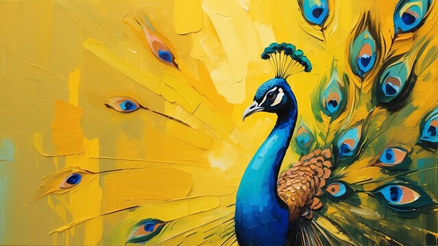a peacock yellow theme oil pallet knife paint painting on canvas with large brush strokes modern art illustration abstract from Generative AI