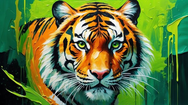 a tiger green theme oil pallet knife paint painting on canvas with large brush strokes modern art illustration abstract from Generative AI