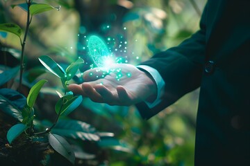 Businessman's Hand Holds Glowing Digital Plant in Forest: Sustainable Business and Environment Concept