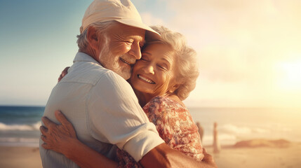 Portrait of cheerful senior couple having fun, hugging each other,  at the beach.