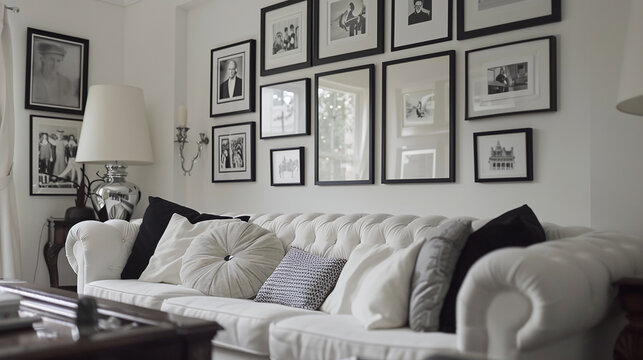 A monochrome gallery wall with black and white photographs, adding a timeless elegance to the room.