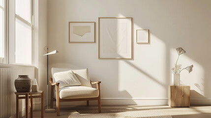Fototapeta na wymiar A Scandinavian-inspired wall decor with minimalist prints, clean lines, and natural wood accents.