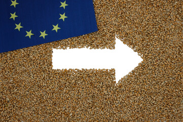 Wheat grain arrow background. European Union flag. European Green Deal. Top view. Copy space.