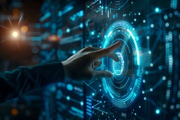 Hand Touching Futuristic Virtual Screen with Data Flow Icons on a Dark Background - High Photo
