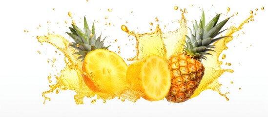 Two ananas plants are splashing in a pool of pineapple juice, creating a natural and vibrant display of colors and textures in this artistic scene - obrazy, fototapety, plakaty
