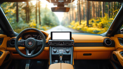 Mock-up monitor in car driving on road, Mock-up monitor blank screen in car, Monitor car, car screen Mock-up for put content, android car play mock up, have space, Monitor in car JPG - obrazy, fototapety, plakaty