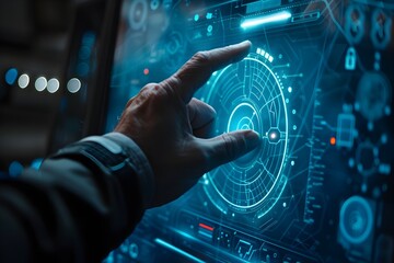 Fototapeta premium Businessman Interacting with Advanced Holographic Security System on a Spaceship