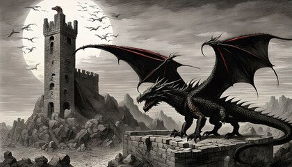 A winged dragon, in the background a ruined castle