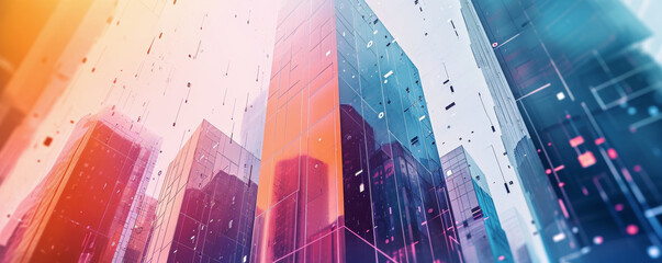 Dynamic abstract cityscape with vibrant color overlays and digital elements suggesting connectivity and futuristic urban growth. Digital background with copyspace - obrazy, fototapety, plakaty