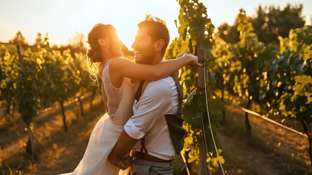 A joyful husband riding on top of his bride in a vineyard at dusk