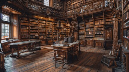 Classic Vintage Library Interior with Wooden Bookshelves