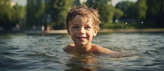 Stickers pour porte Réflexion A young boy is happily swimming in the cool liquid of a lake, surrounded by the natural landscape of grass and trees, his smile reflecting pure leisure and recreation