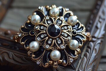 brooch with pearls and gold jewelry black view