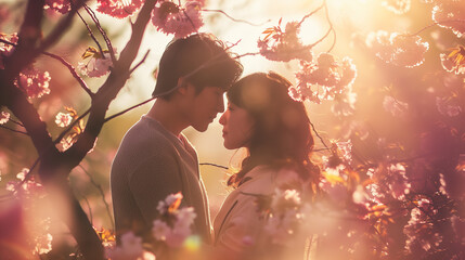 Japanese couple in love against the backdrop of cherry blossoms - obrazy, fototapety, plakaty