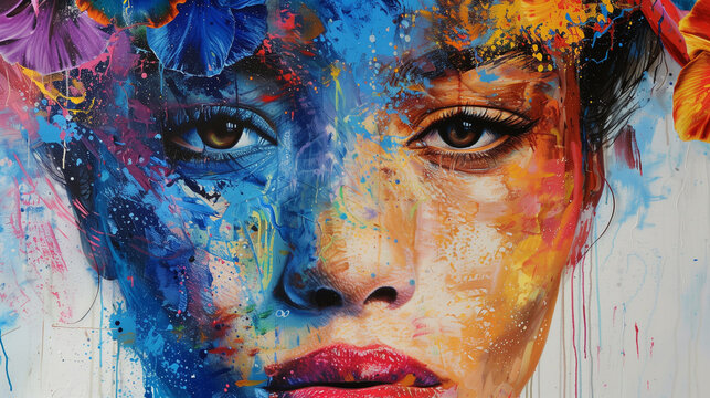 Painting painted with gouache colors depicting a woman's portrait in the style of modernism