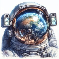 Watercolor Close-up of an astronaut's helmet, reflecting the Earth