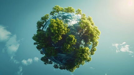 A small island in the middle covered in green trees. World earth trees protect love for the world green day