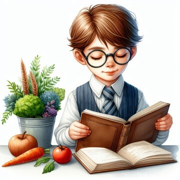Watercolor School boy reading a book with glasses on