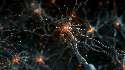 Neural network with shining connections, illustrating complex brain functions and intelligence - obrazy, fototapety, plakaty