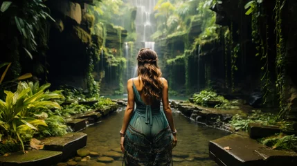 Tuinposter Beautiful girl standing with her back in a wonderful dress on the background of waterfall in the forest. Generative AI © kovalovds