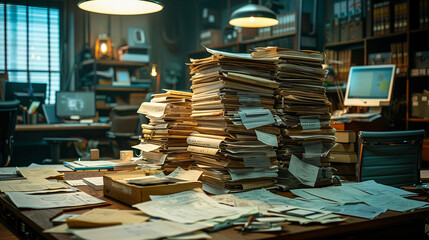 Piled high stacks of paper and documents covering a desk in a dimly lit office room - obrazy, fototapety, plakaty
