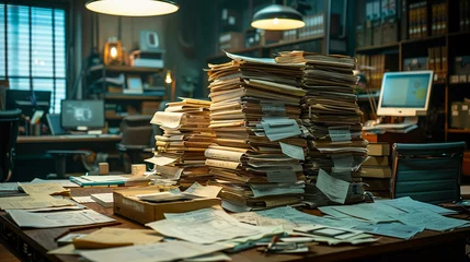 Fotobehang Piled high stacks of paper and documents covering a desk in a dimly lit office room © weerasak