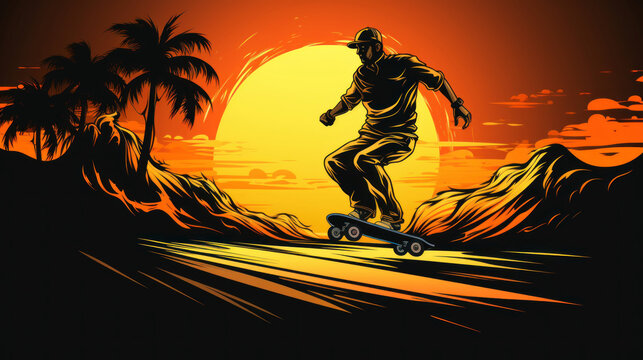 Active and dynamic retro skateboard logo. Image for a t-shirt. Hipster style. Generative AI