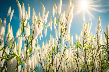 Beautiful springtime nature background from blooming willow branches with fluffy catkins in sunlight