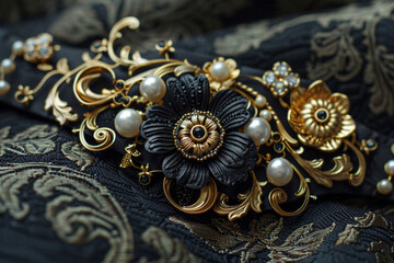 brooch with pearls and gold jewelry black view - obrazy, fototapety, plakaty