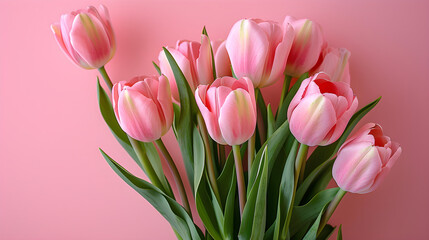 Obraz premium Beautiful composition of pink tulip bouquet on pastel pink background, perfect for Valentine's Day, Easter, birthday, and Mother's Day