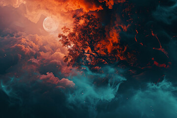 Fototapeta na wymiar Surreal and vibrant digital artwork featuring large, silhouetted tree against backdrop of fiery red clouds and serene blue mist, with full moon casting gentle glow. fantasy backgrounds, album art