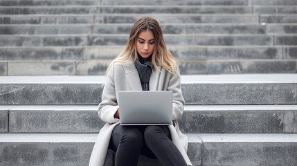 Young lady using a laptop outside on a stairway