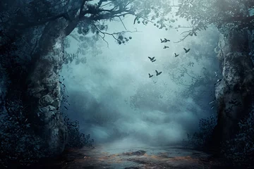 Fototapeten Mystical forest pathway with fog and flying birds, evoking an eerie yet enchanting mood. Concept of book covers, fantasy artwork, atmospheric background, storytelling visuals © Truprint