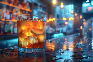 A highball glass filled with amber liquid, ice, and a lemon slice sits on the bar in the drinking establishment, ready to be enjoyed as an alcoholic beverage