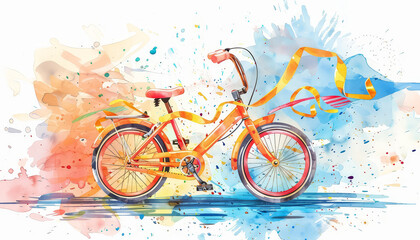A colorful bike with a ribbon tied to the handlebars
