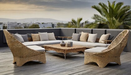 lounge chairs .a modern rattan sun lounge furniture set with a minimalist aesthetic, featuring clean lines and modular pieces that can be arranged to suit various outdoor settings, accompanied by neut