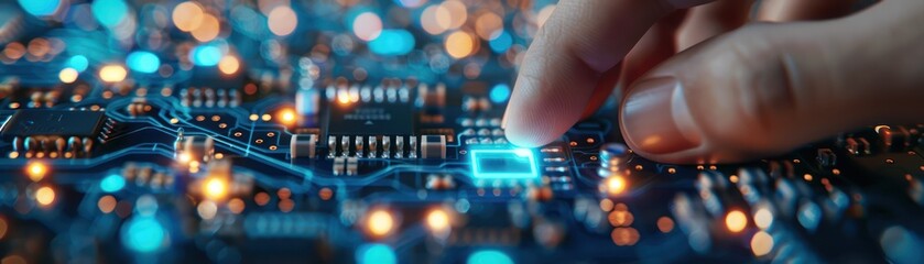  Tiny tech engineer repairing a blue digital circuit - obrazy, fototapety, plakaty