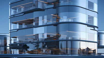 Fototapeta premium Office glass building, 3D rendering of modern architecture