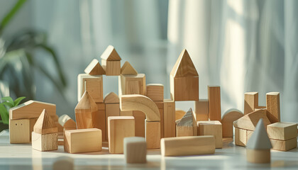 A colorful pile of wooden blocks with a small house on top