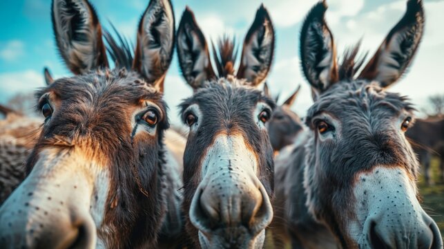 a group of funny donkeys looking at the camera